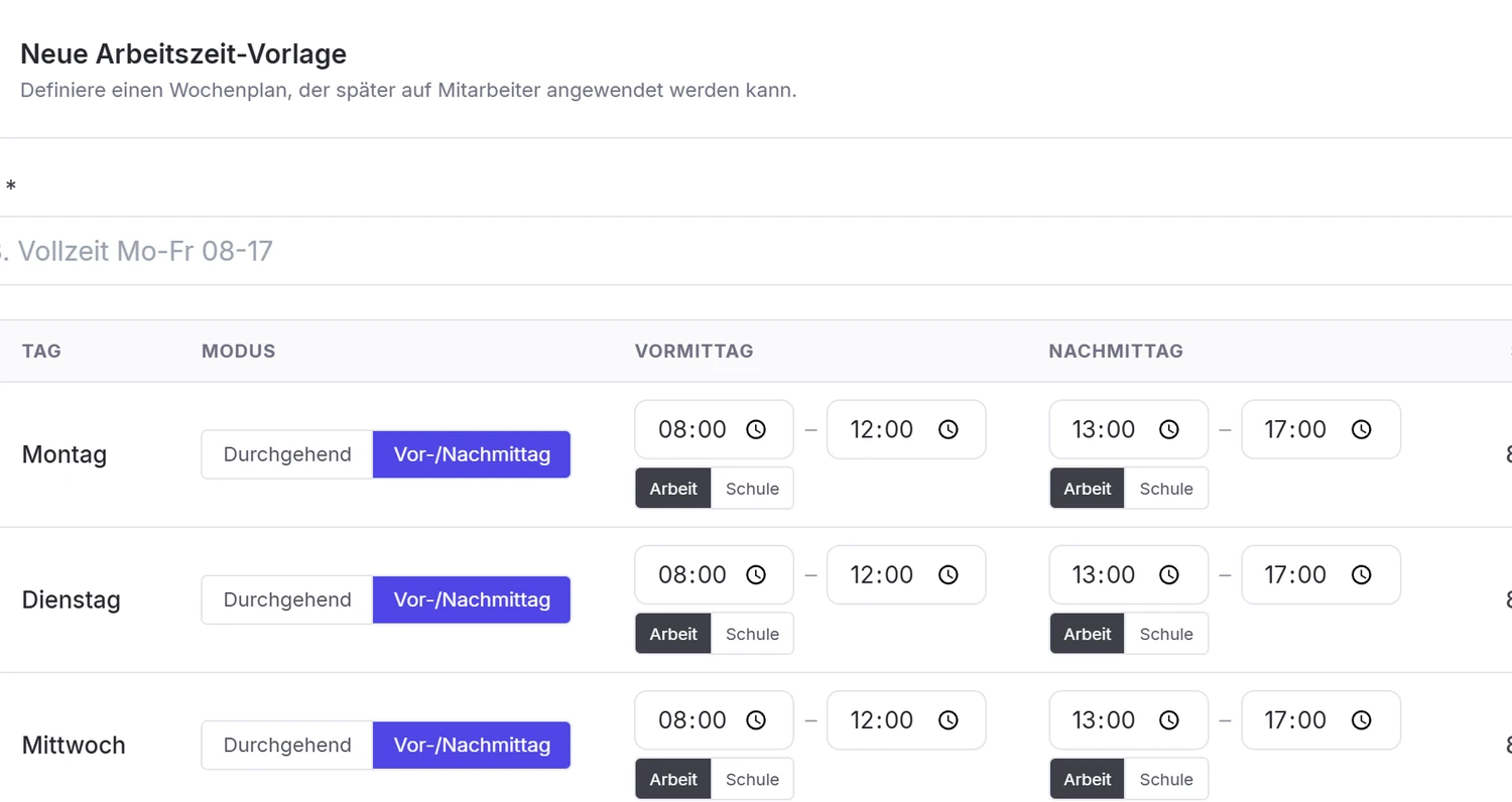 Dialog „Neue Arbeitszeit-Vorlage" mit Wochenplan je Tag