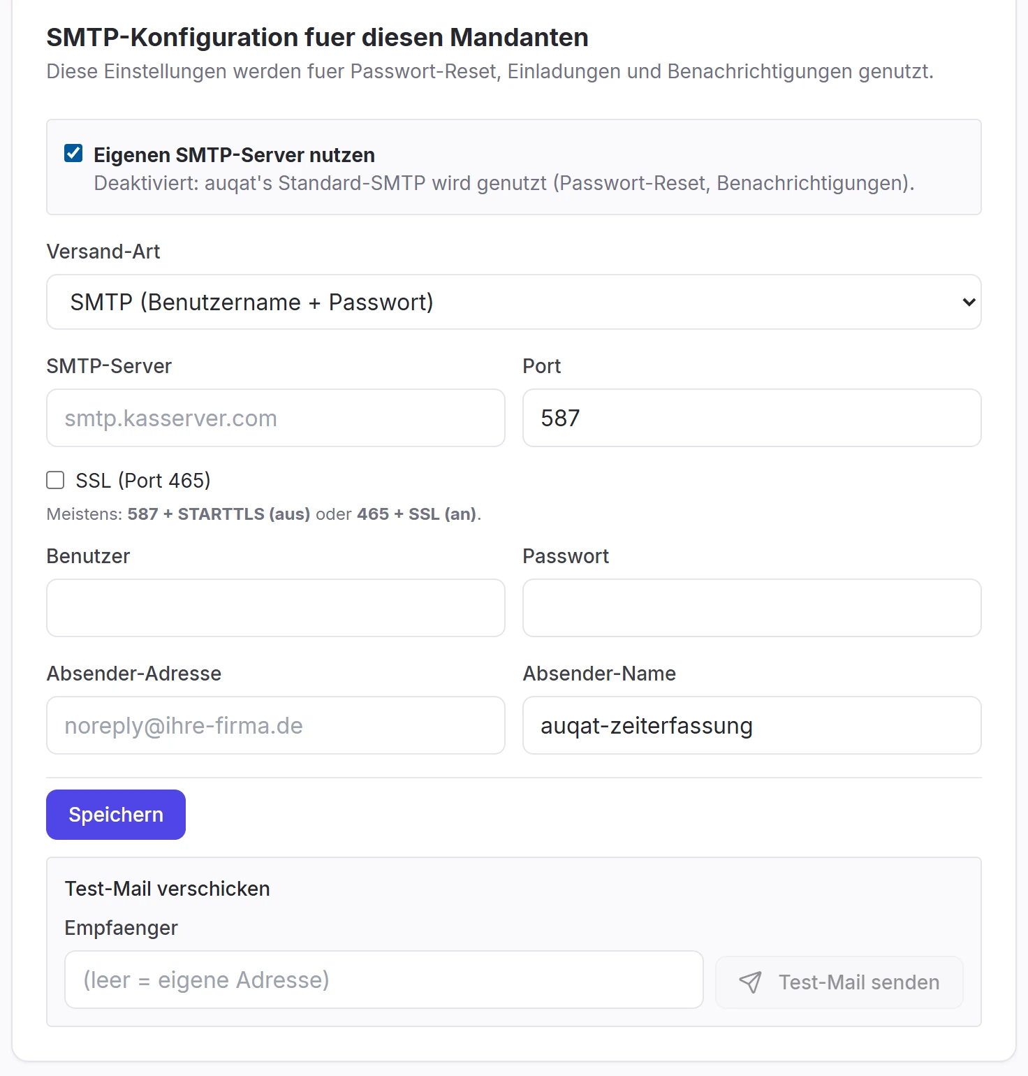 SMTP-Konfiguration: Server, Port, SSL, Benutzer, Passwort und Absender