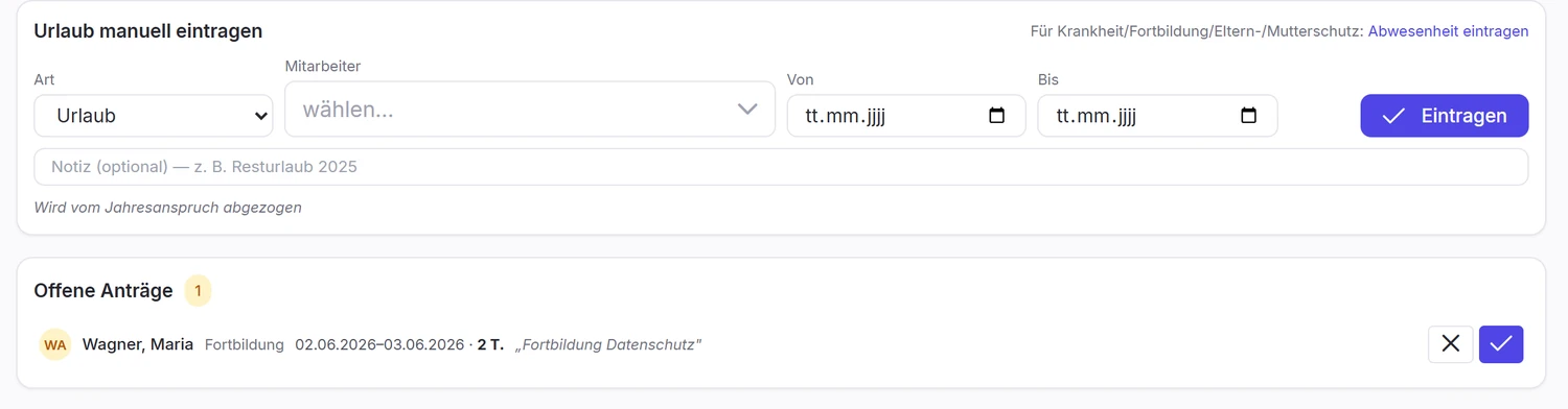 Urlaubsverwaltung mit offenen Anträgen und Genehmigen-/Ablehnen-Buttons
